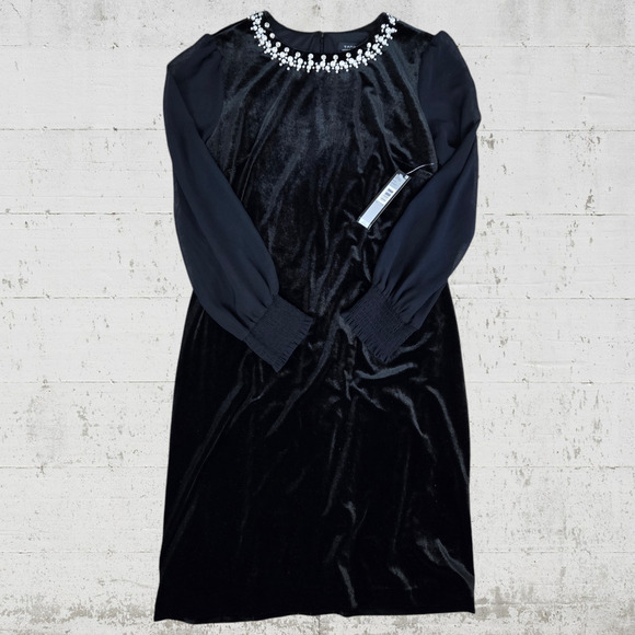 Tahari Dresses & Skirts - Tahari Black Velvet Velour Faux Pearl Rhinestone Long Sleeve Midi Dress Size 12
